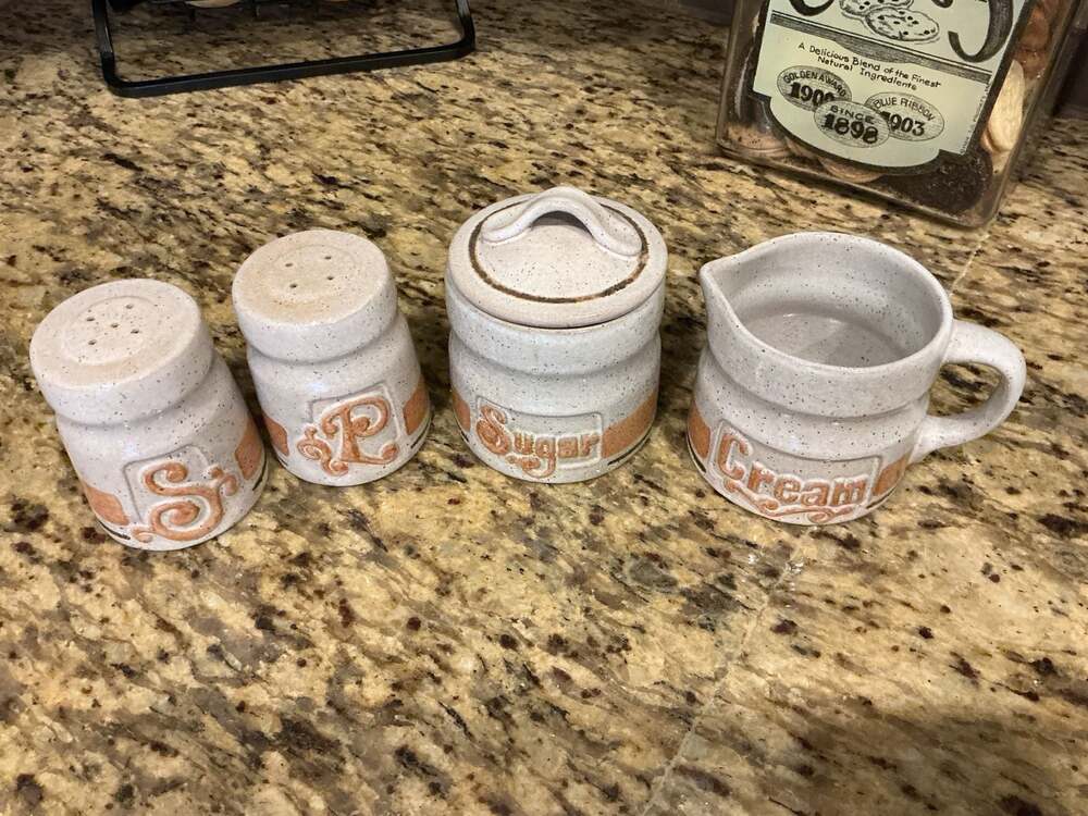 Vintage Pottery Craft USA Speckled Stoneware 4-Piece Kitchen Set
